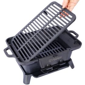 Camping Stove Oval Cast Iron Grill Outdoor, Portable Charcoal Grill and Tabletop Cast Iron Skillet - 100% Cast Iron, Durable, Small Charcoal Grill