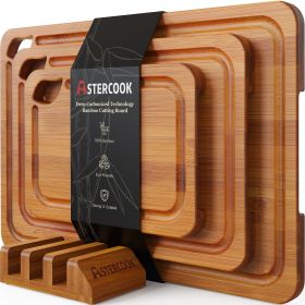 4-Pieces Wood Cutting Board, Bamboo Chopping Board for Kitchen with Holder, Cutting Boards Set with Juice Groove and Handles